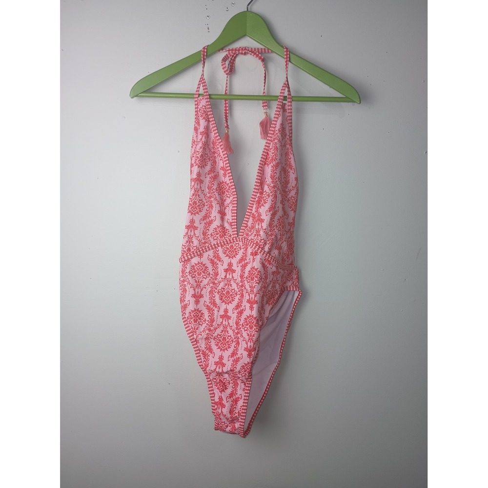 Pink Damask Gingham Plunge One Piece Swimsuit Tassel Halter Size L